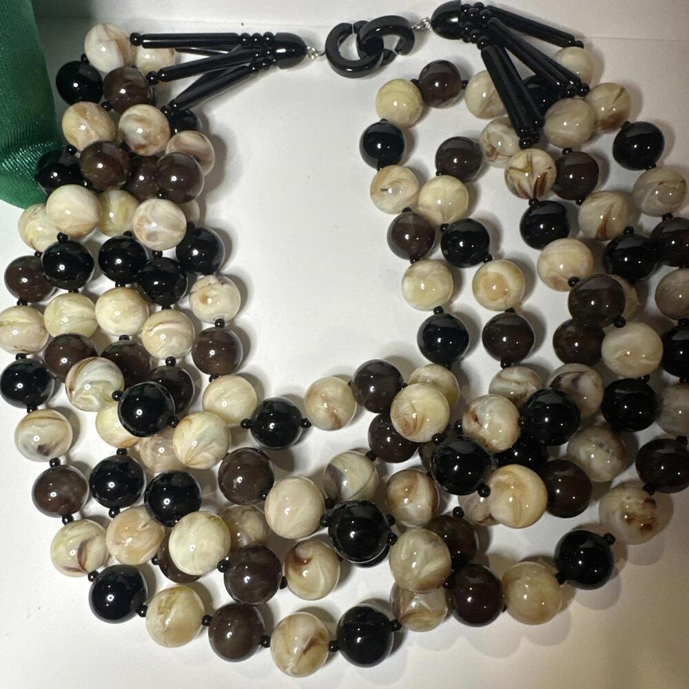 Angela Caputi Huge Multi Strand Black Brown Beige Beads Resin Necklace 18”